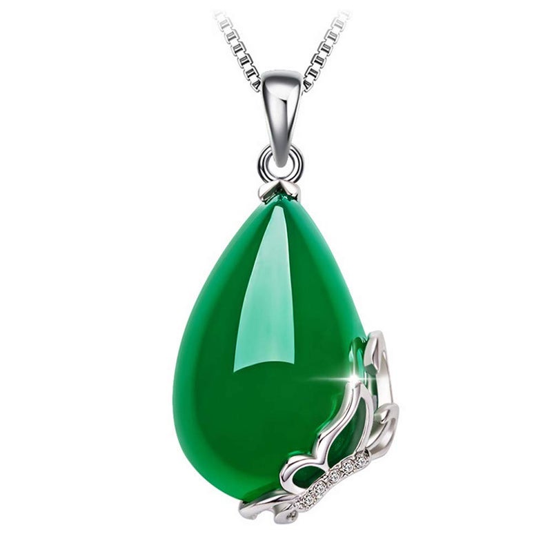 Goldenchen Fashion Jewelry 925 Sterling Silver CZ Crystal Butterfly Pear Cut Green Emerald Teardrop Pendant Necklace - Image 2
